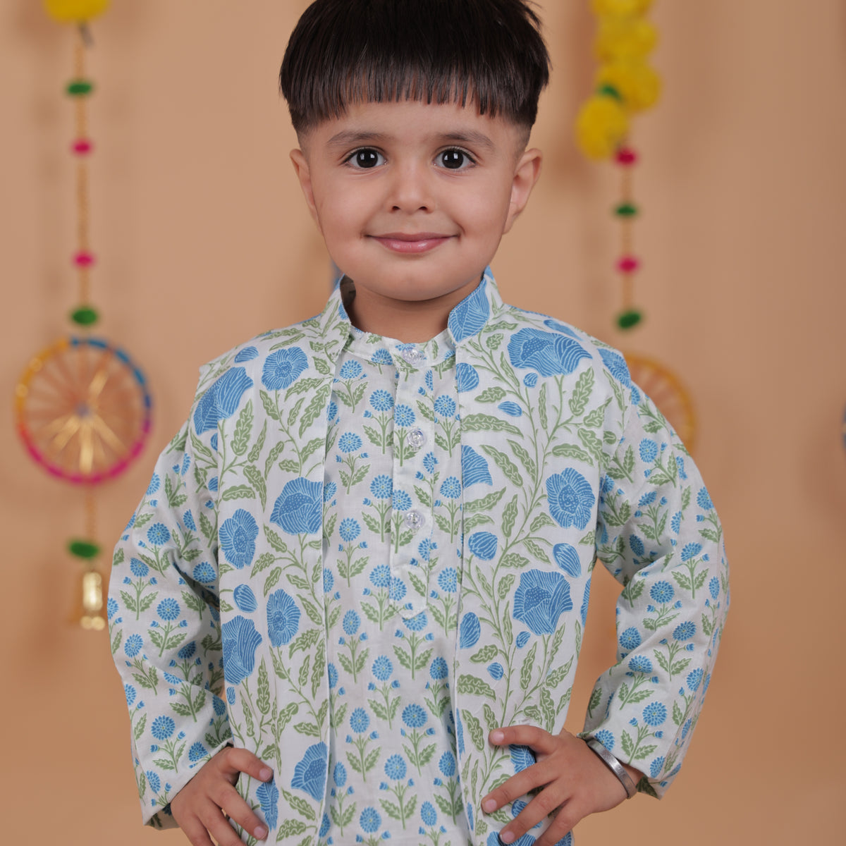 Zigzag Fest Boys Kurta Set – Multicolour Print with White Pajama