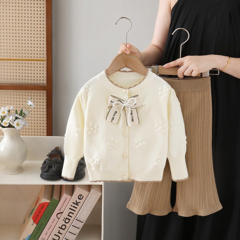 Baby Girl Knitted Sweater & Pants Set – Cream & Brown with Bow | Cozy Winter Knitwear