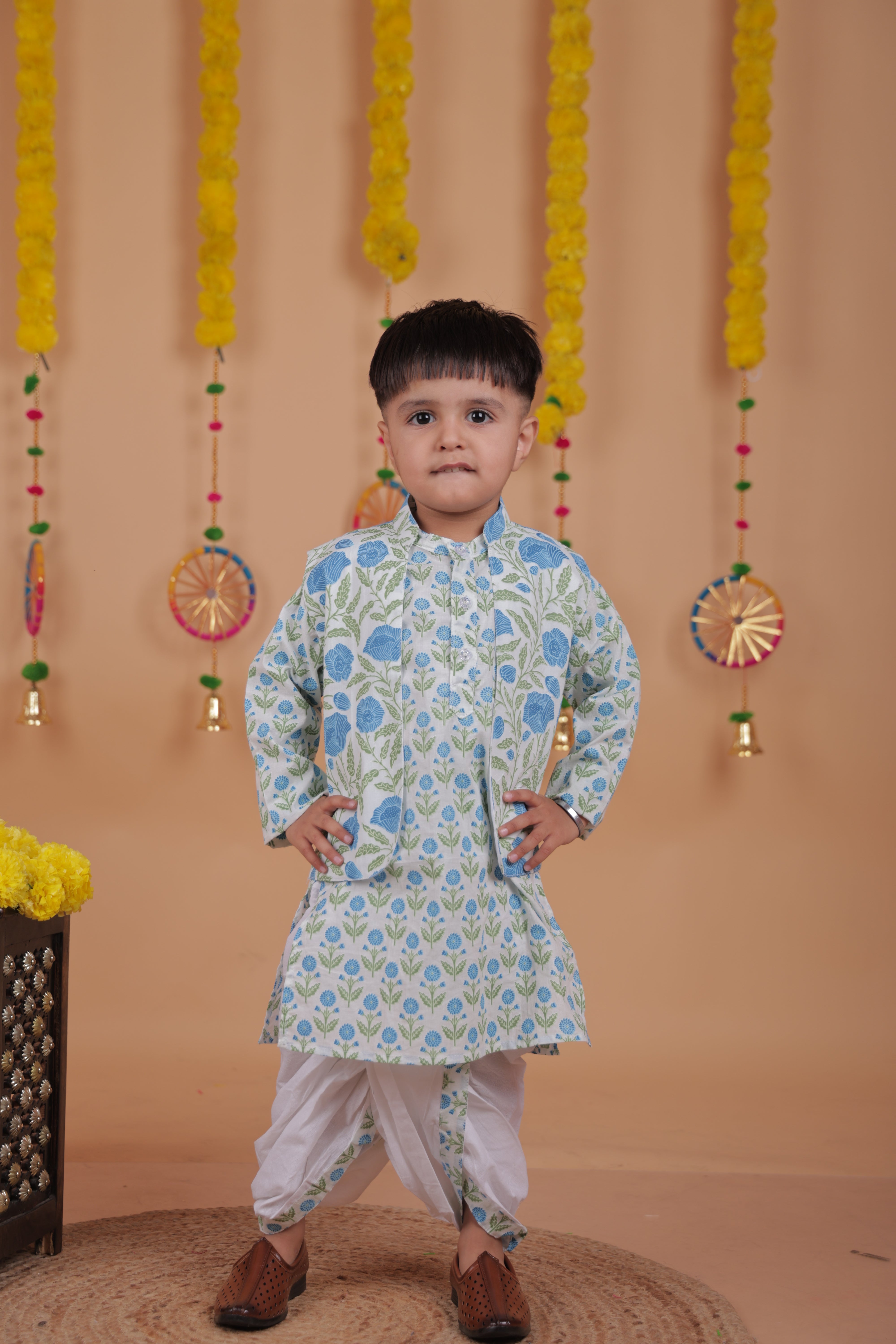 Festive Kurta Pajama Set with Dhoti & Printed Jacket – Boys' Ethnic Wear
