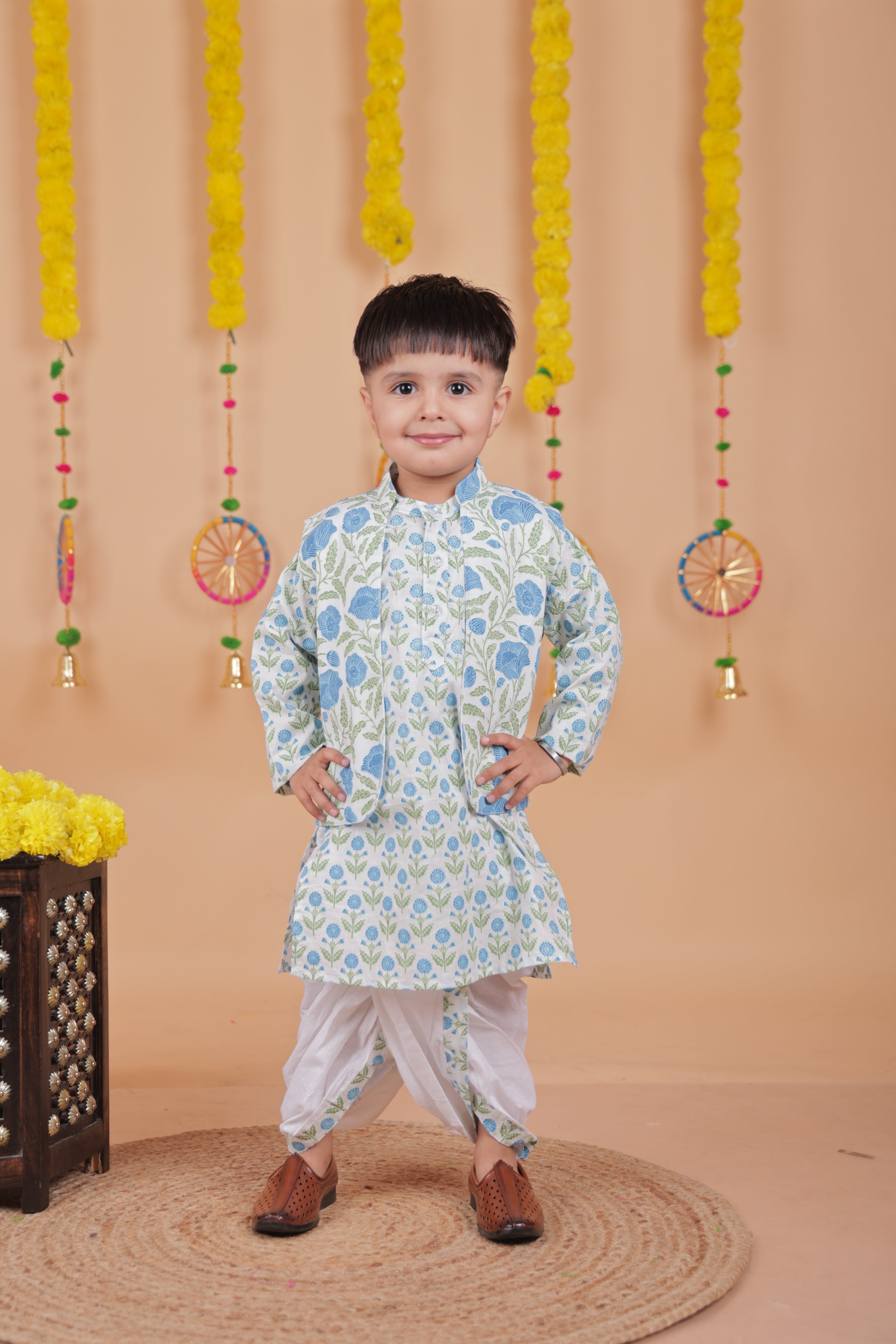 Festive Kurta Pajama Set with Dhoti & Printed Jacket – Boys' Ethnic Wear