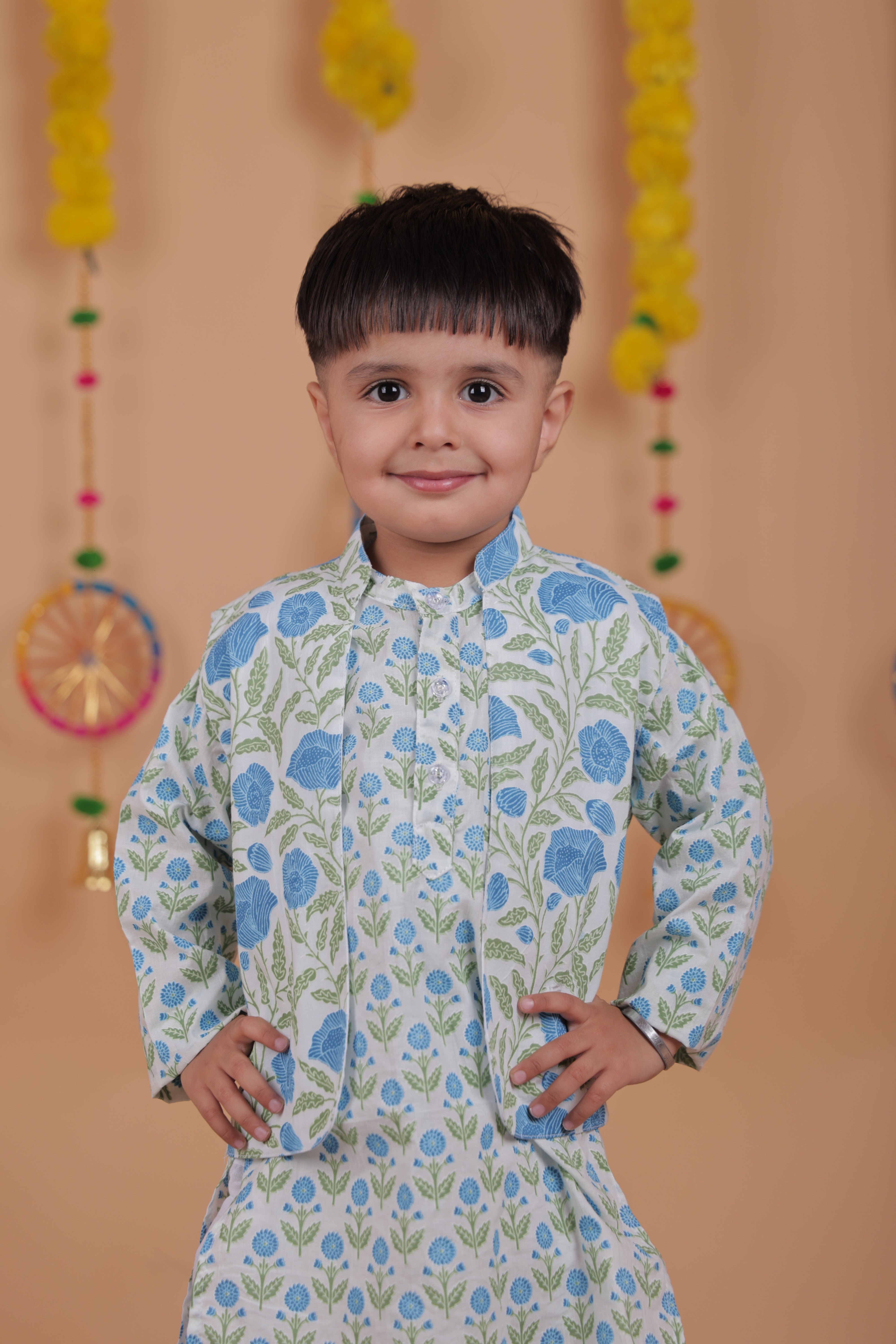 Festive Kurta Pajama Set with Dhoti & Printed Jacket – Boys' Ethnic Wear
