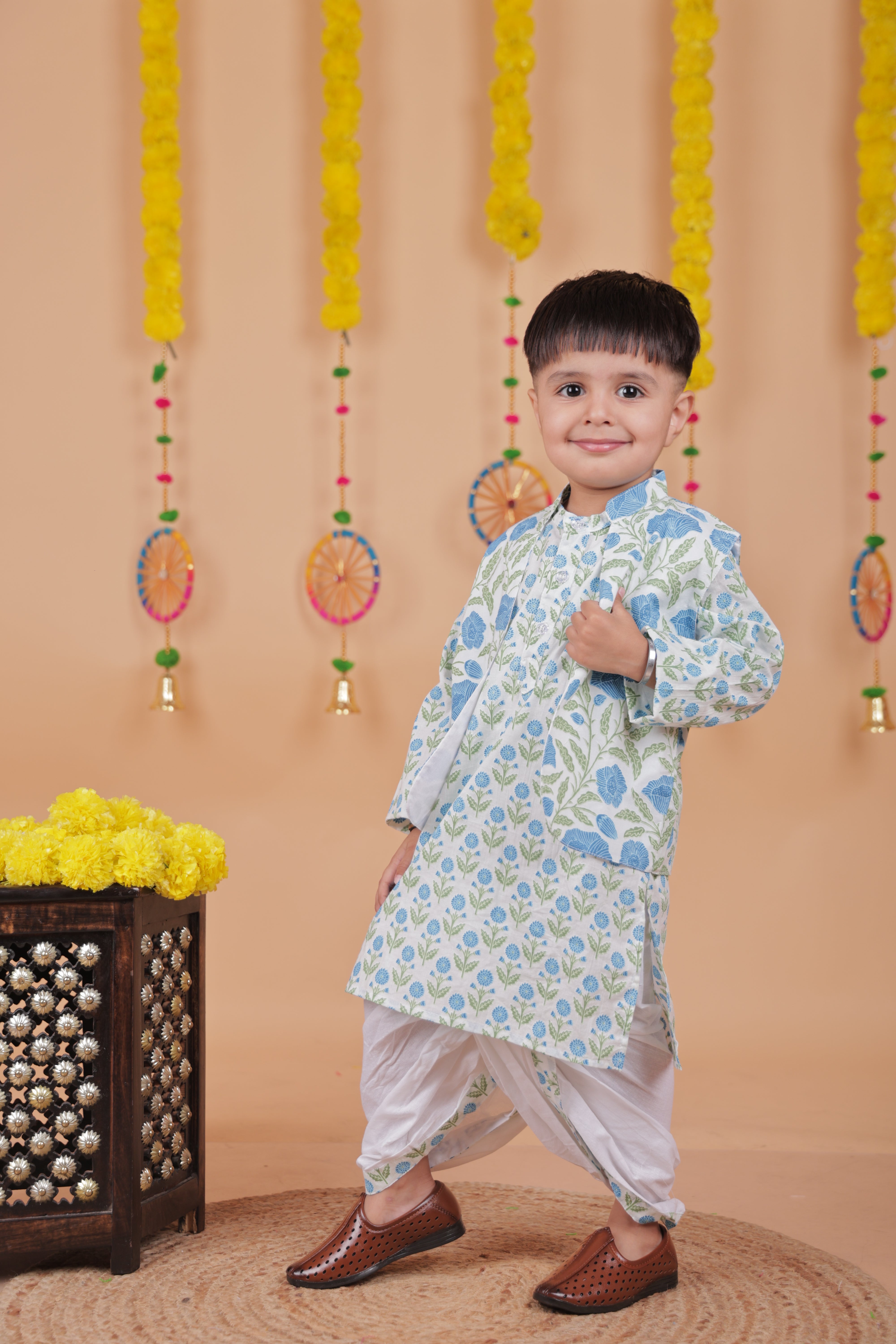 Festive Kurta Pajama Set with Dhoti & Printed Jacket – Boys' Ethnic Wear