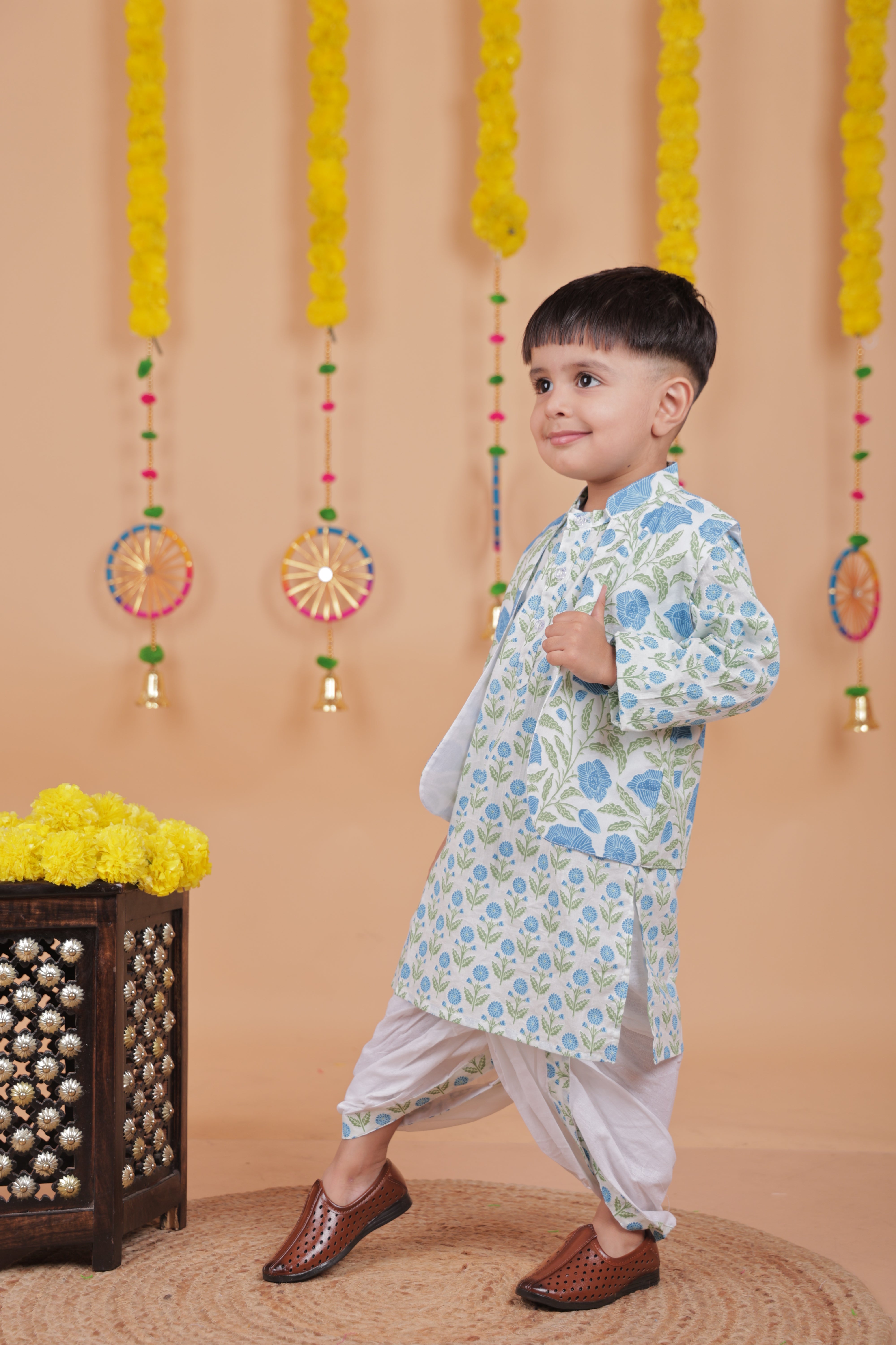 Festive Kurta Pajama Set with Dhoti & Printed Jacket – Boys' Ethnic Wear