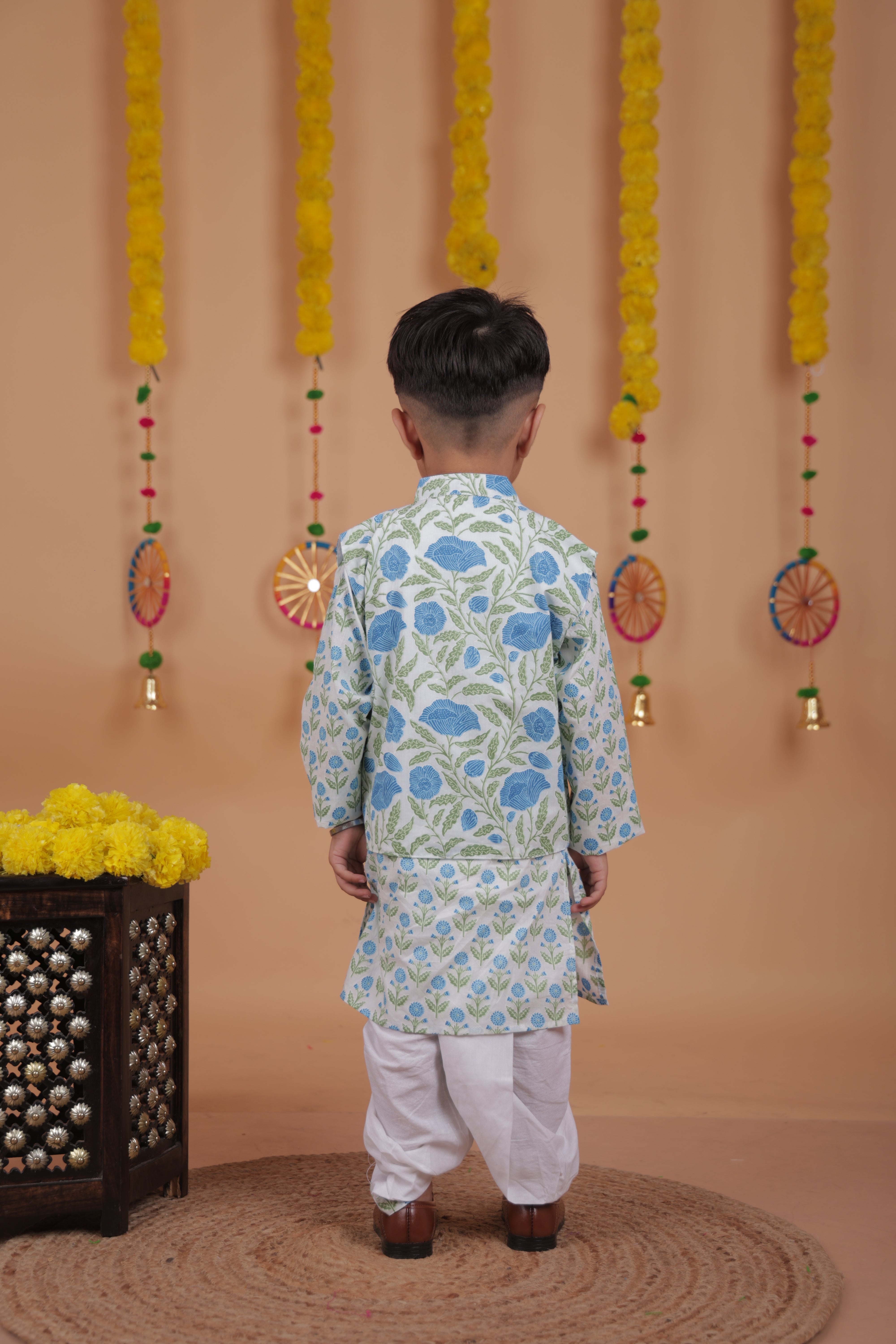 Festive Kurta Pajama Set with Dhoti & Printed Jacket – Boys' Ethnic Wear