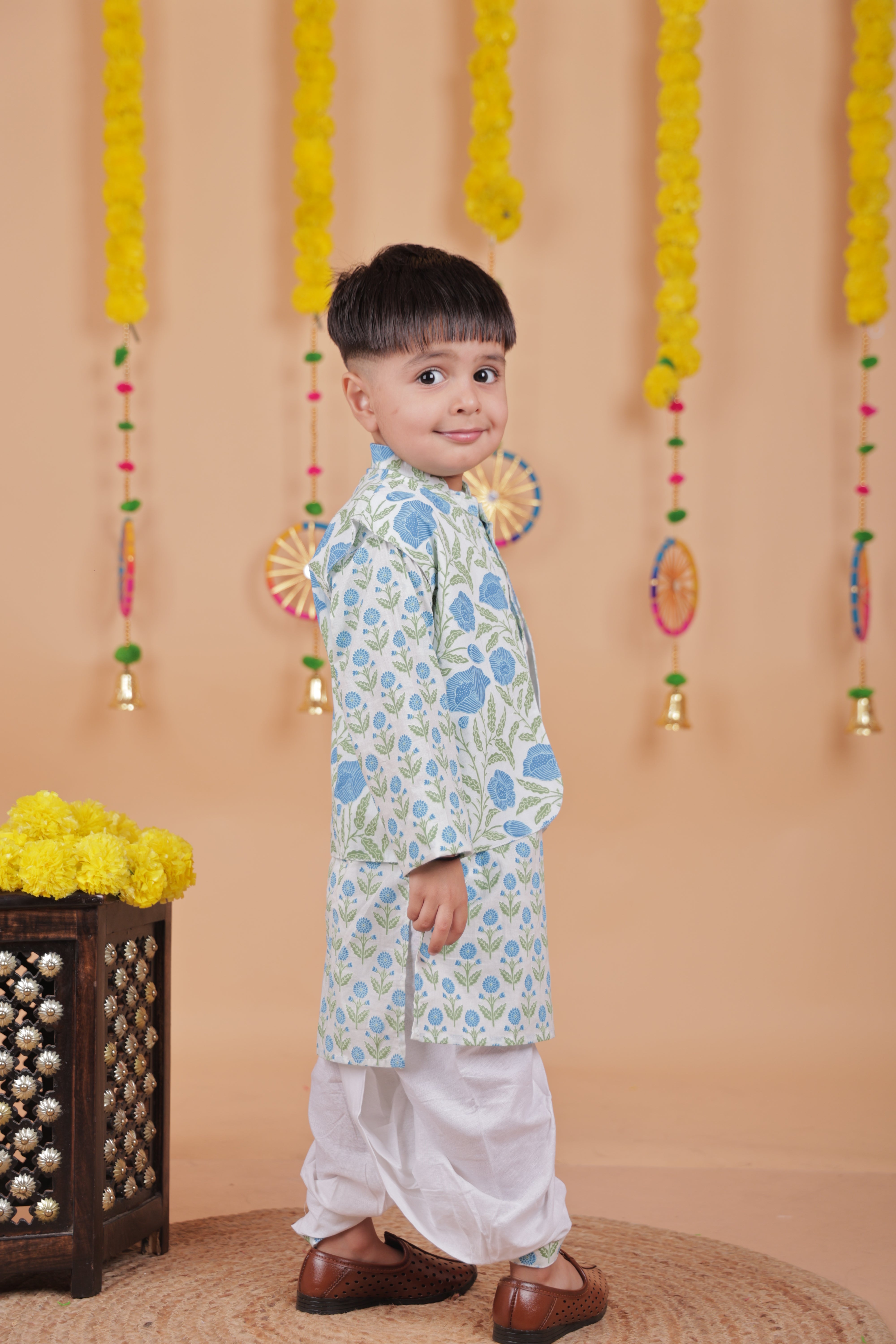 Festive Kurta Pajama Set with Dhoti & Printed Jacket – Boys' Ethnic Wear