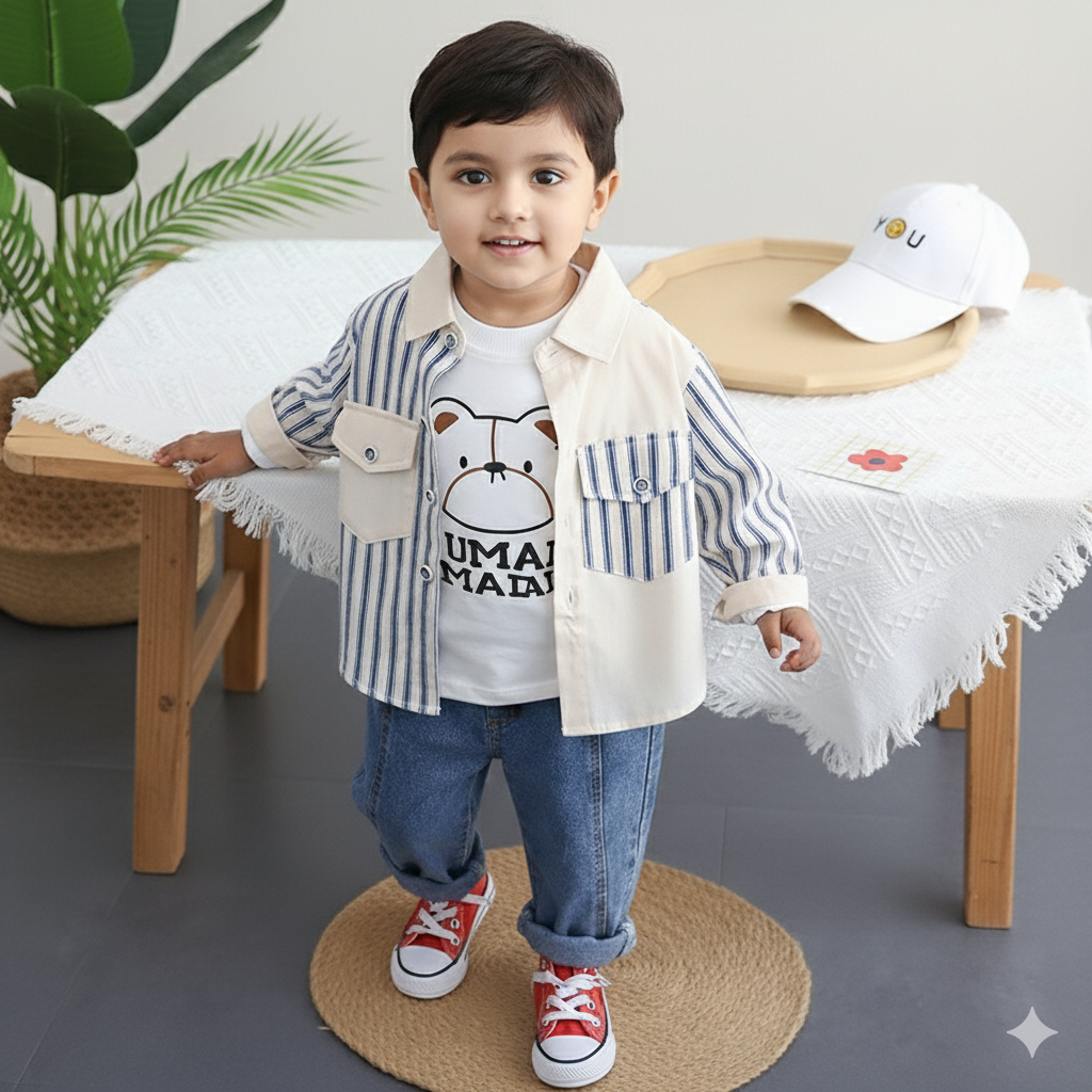 Boys’ Striped Cotton Shirt Set – 3-Piece Casual Outfit (Bear Print T-Shirt, Striped Shirt & Jeans)