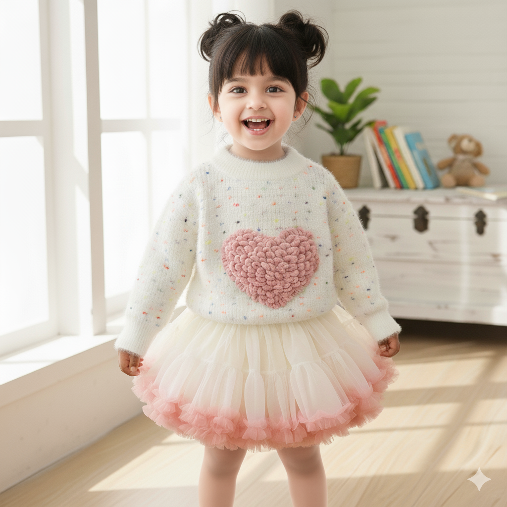 Baby Girl Knitted Heart Sweater & Tutu Skirt Set – Winter Party Dress