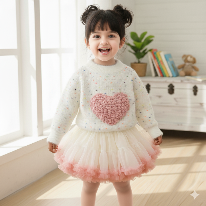 Baby Girl Knitted Heart Sweater & Tutu Skirt Set – Winter Party Dress
