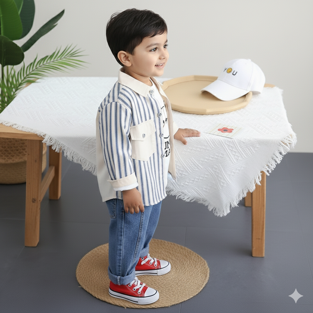 Boys’ Striped Cotton Shirt Set – 3-Piece Casual Outfit (Bear Print T-Shirt, Striped Shirt & Jeans)