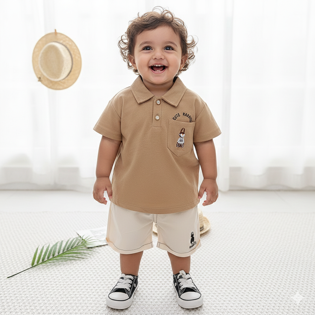 Boys Brown Rabbit Cotton Polo T-Shirt and Shorts Set - 2 Piece Summer Outfit
