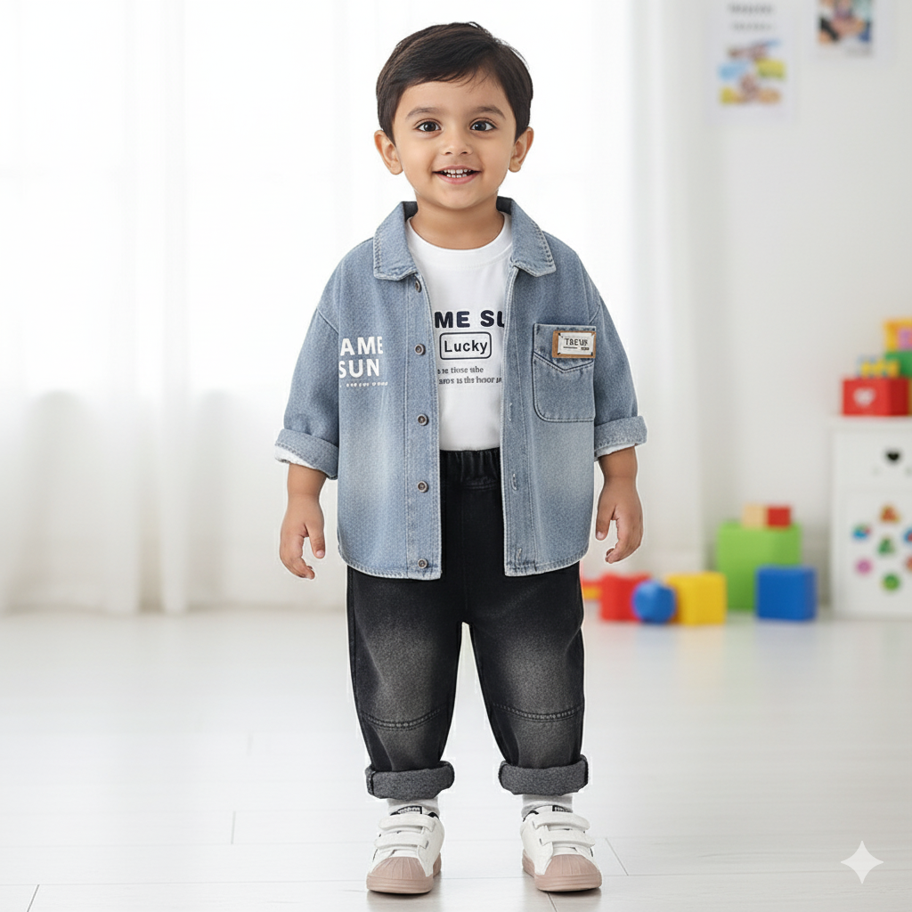 Boy's Long Sleeve Denim Jacket Set – Casual 3-Piece Outfit (T-Shirt, Denim Shirt & Jeans)