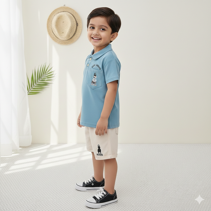 Boys Blue Rabbit Cotton Polo T-Shirt and Shorts Set - 2 Piece Summer Outfit
