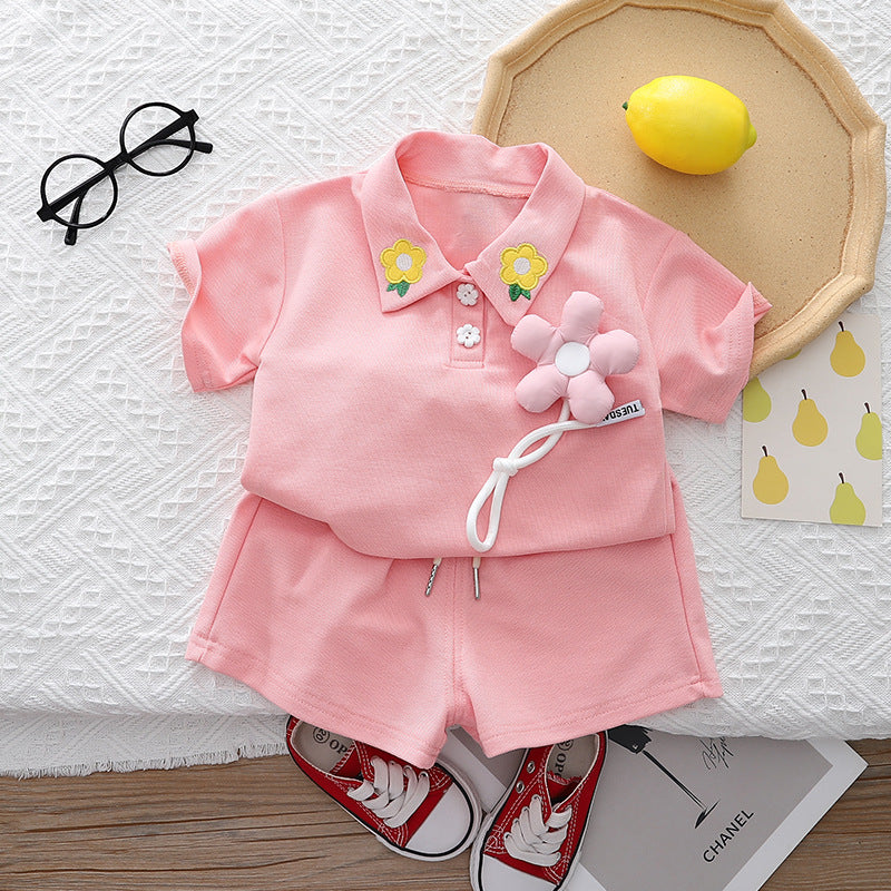 GIRLS PINK CUTE T-SHIRT AND SHORTS SET