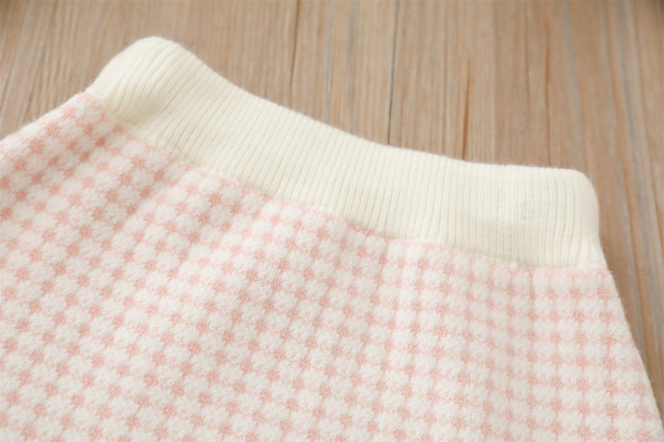 Baby Girl Knitted Dress Set – Blue & Cream Check Pattern with Bow | Winter Sweater Dress