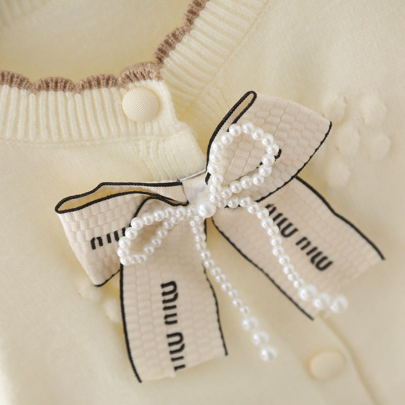 Baby Girl Knitted Sweater & Pants Set – Cream & Brown with Bow | Cozy Winter Knitwear