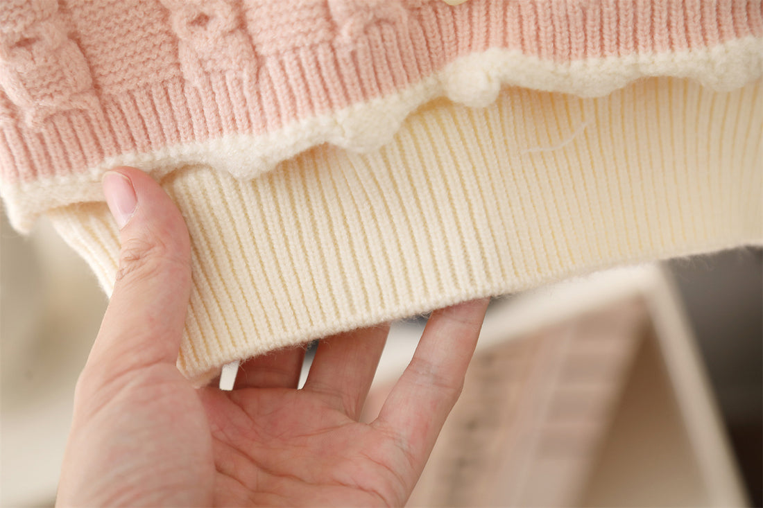 Cute Baby 2-Piece Knitwear Set – Cream Pullover with Pink Suspender Vest & Pants