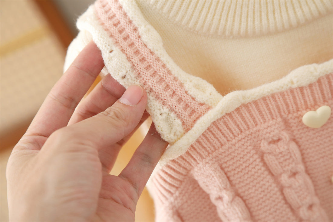 Cute Baby 2-Piece Knitwear Set – Cream Pullover with Pink Suspender Vest & Pants