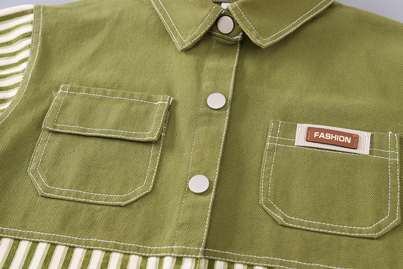 Green Striped Jacket 3-Piece Set – Soft Cotton Outfit