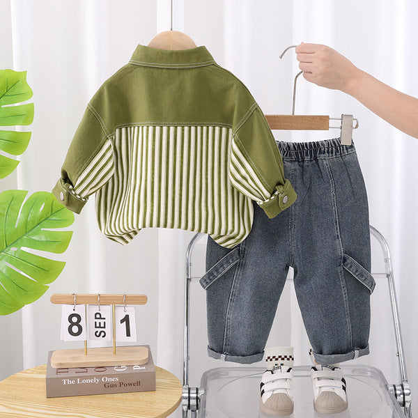 Green Striped Jacket 3-Piece Set – Soft Cotton Outfit
