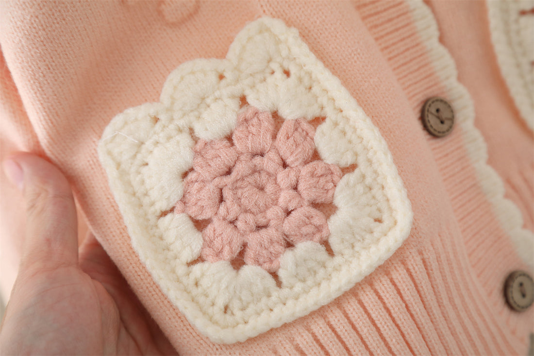 Baby Girl Knitted Sweater & Trouser Set – Lavender Crochet Pocket Design | Cozy Winter Outfit