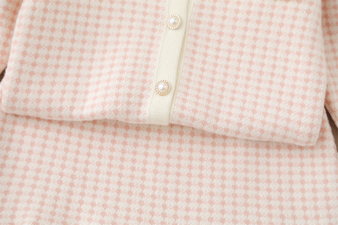 Baby Girl Knitted Dress Set – Blue & Cream Check Pattern with Bow | Winter Sweater Dress