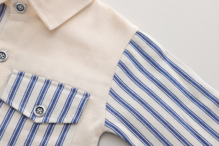 Boys’ Striped Cotton Shirt Set – 3-Piece Casual Outfit (Bear Print T-Shirt, Striped Shirt & Jeans)