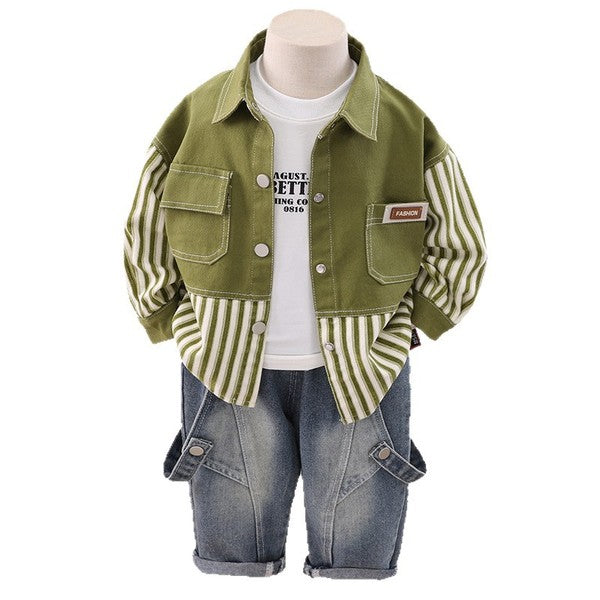 Green Striped Jacket 3-Piece Set – Soft Cotton Outfit