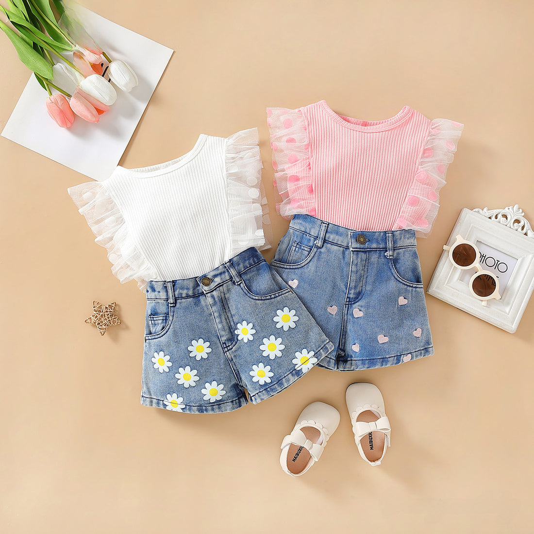 Frilled top with printed shorts