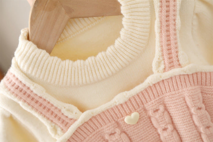 Cute Baby 2-Piece Knitwear Set – Cream Pullover with Pink Suspender Vest & Pants