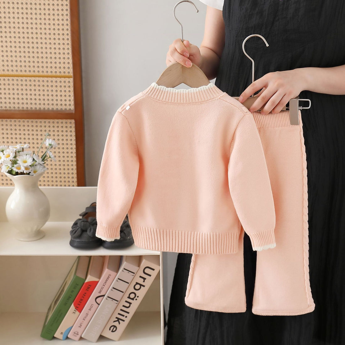 Baby Girl Knitted Sweater & Trouser Set – Lavender Crochet Pocket Design | Cozy Winter Outfit