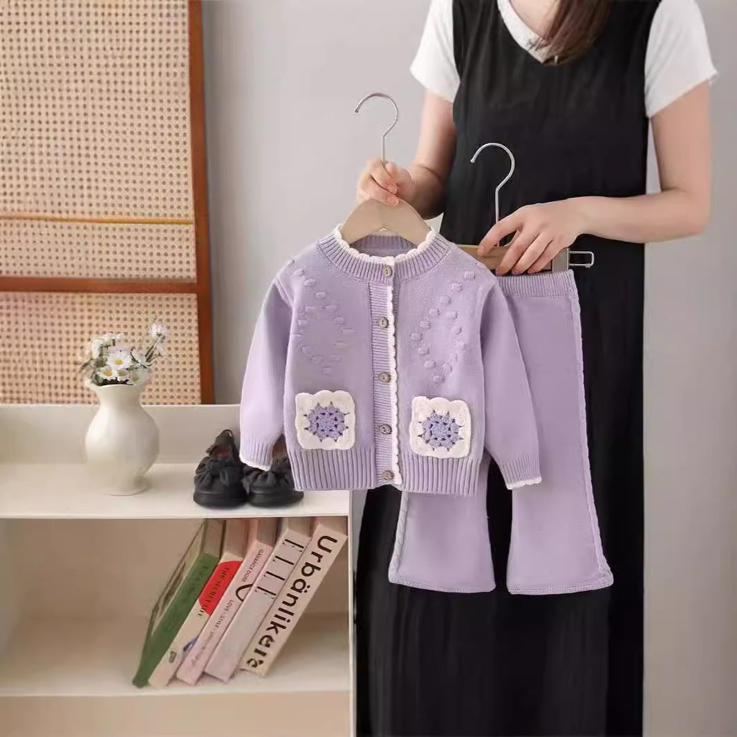Baby Girl Knitted Sweater & Trouser Set – Lavender Crochet Pocket Design | Cozy Winter Outfit