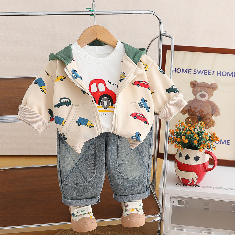 Baby Car Print Hoody 3-Piece Set – Soft Cotton Outfit