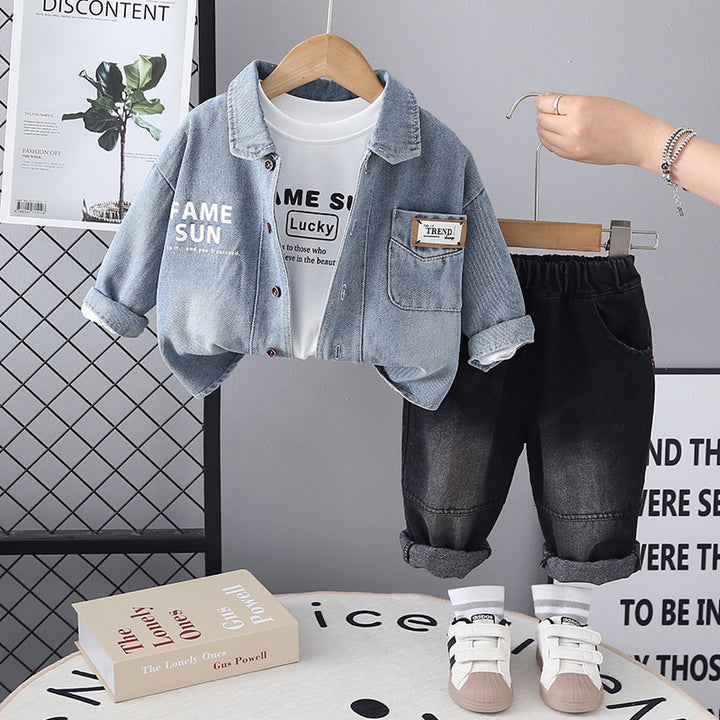 Boy's Long Sleeve Denim Jacket Set – Casual 3-Piece Outfit (T-Shirt, Denim Shirt & Jeans)