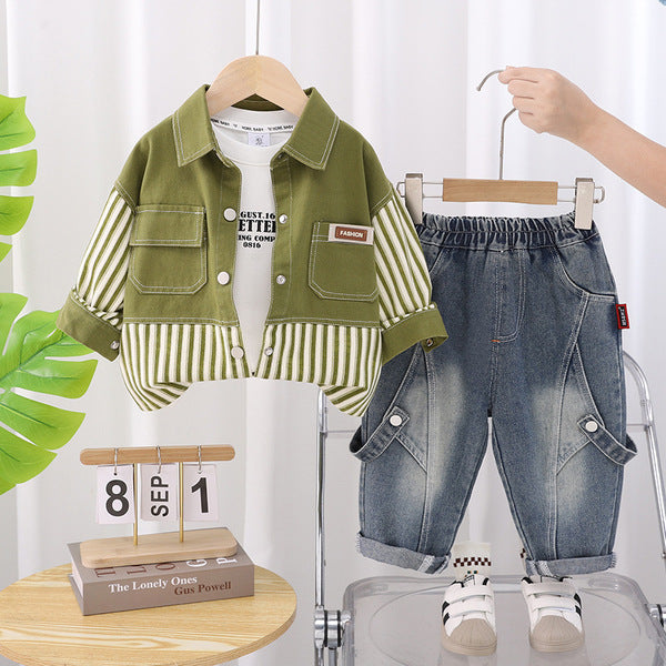 Green Striped Jacket 3-Piece Set – Soft Cotton Outfit