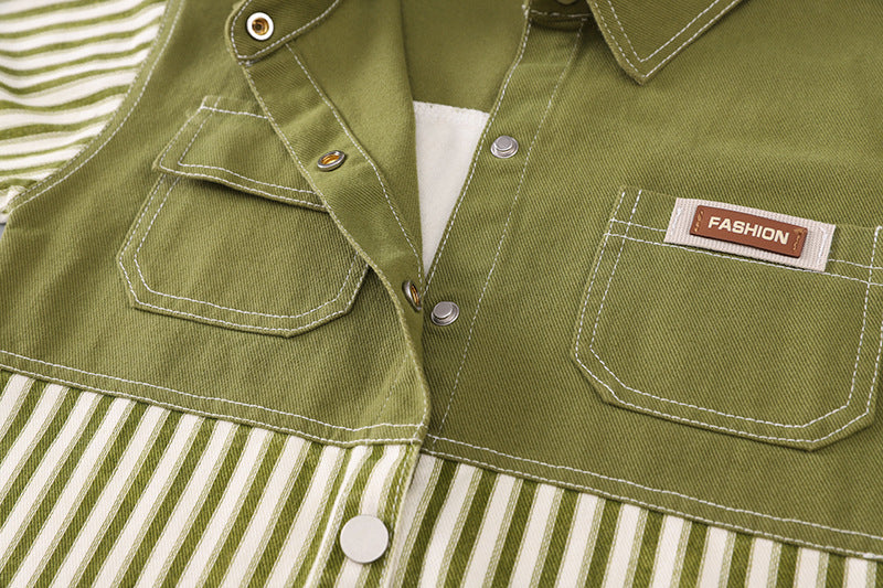 Green Striped Jacket 3-Piece Set – Soft Cotton Outfit