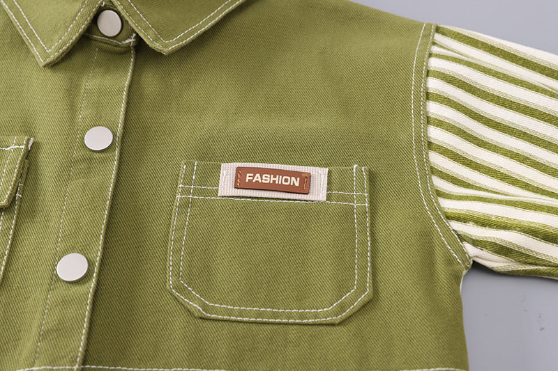 Green Striped Jacket 3-Piece Set – Soft Cotton Outfit