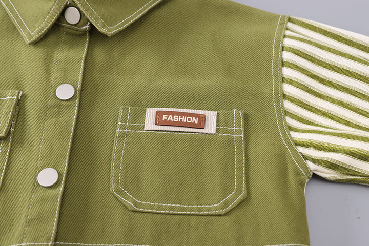 Green Striped Jacket 3-Piece Set – Soft Cotton Outfit