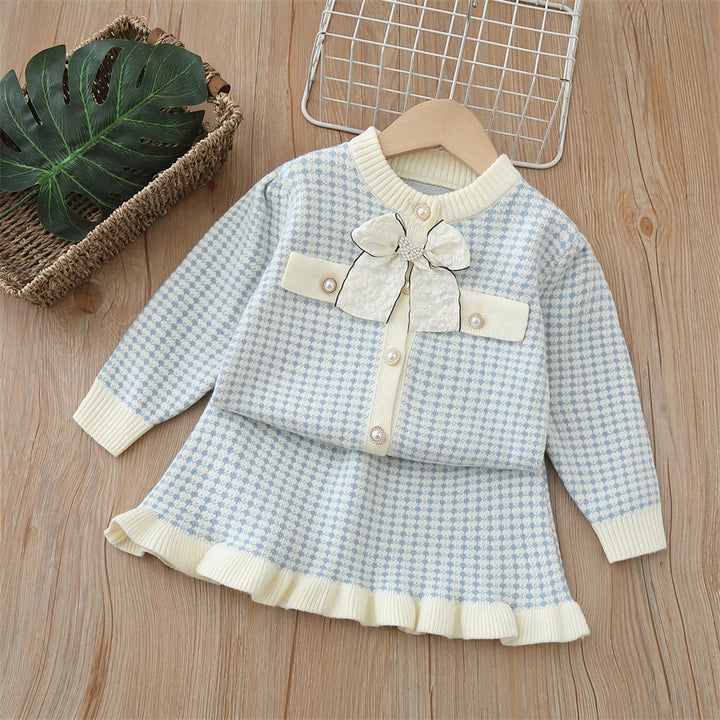 Baby Girl Knitted Dress Set – Blue & Cream Check Pattern with Bow | Winter Sweater Dress