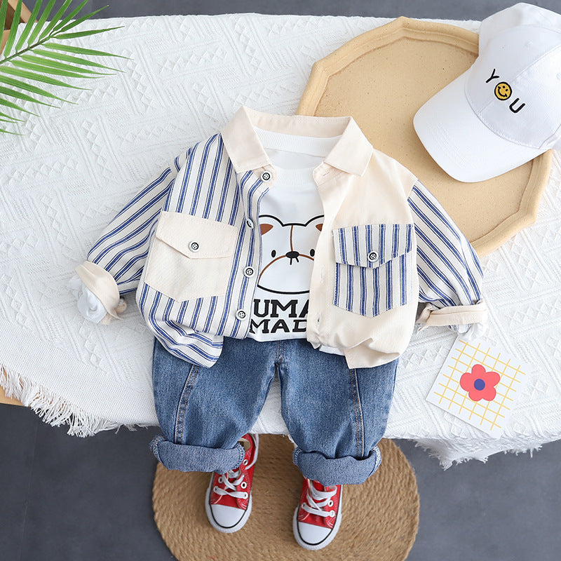 Boys’ Striped Cotton Shirt Set – 3-Piece Casual Outfit (Bear Print T-Shirt, Striped Shirt & Jeans)