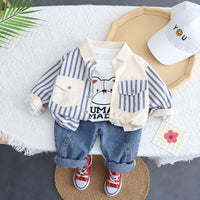 Boys’ Striped Cotton Shirt Set – 3-Piece Casual Outfit (Bear Print T-Shirt, Striped Shirt & Jeans)