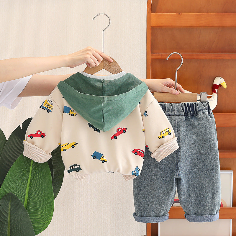 Baby Car Print Hoody 3-Piece Set – Soft Cotton Outfit