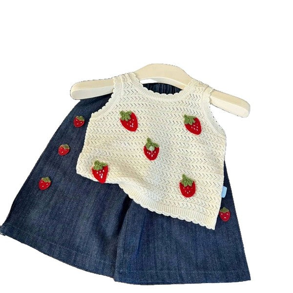 Strawberry Print Summer Girls Cotton Outfit