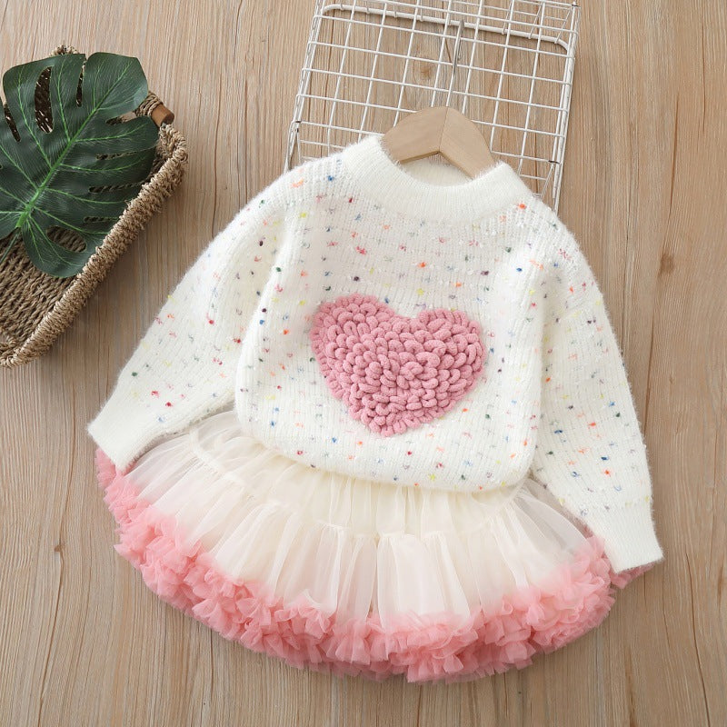 Baby Girl Knitted Heart Sweater & Tutu Skirt Set – Winter Party Dress