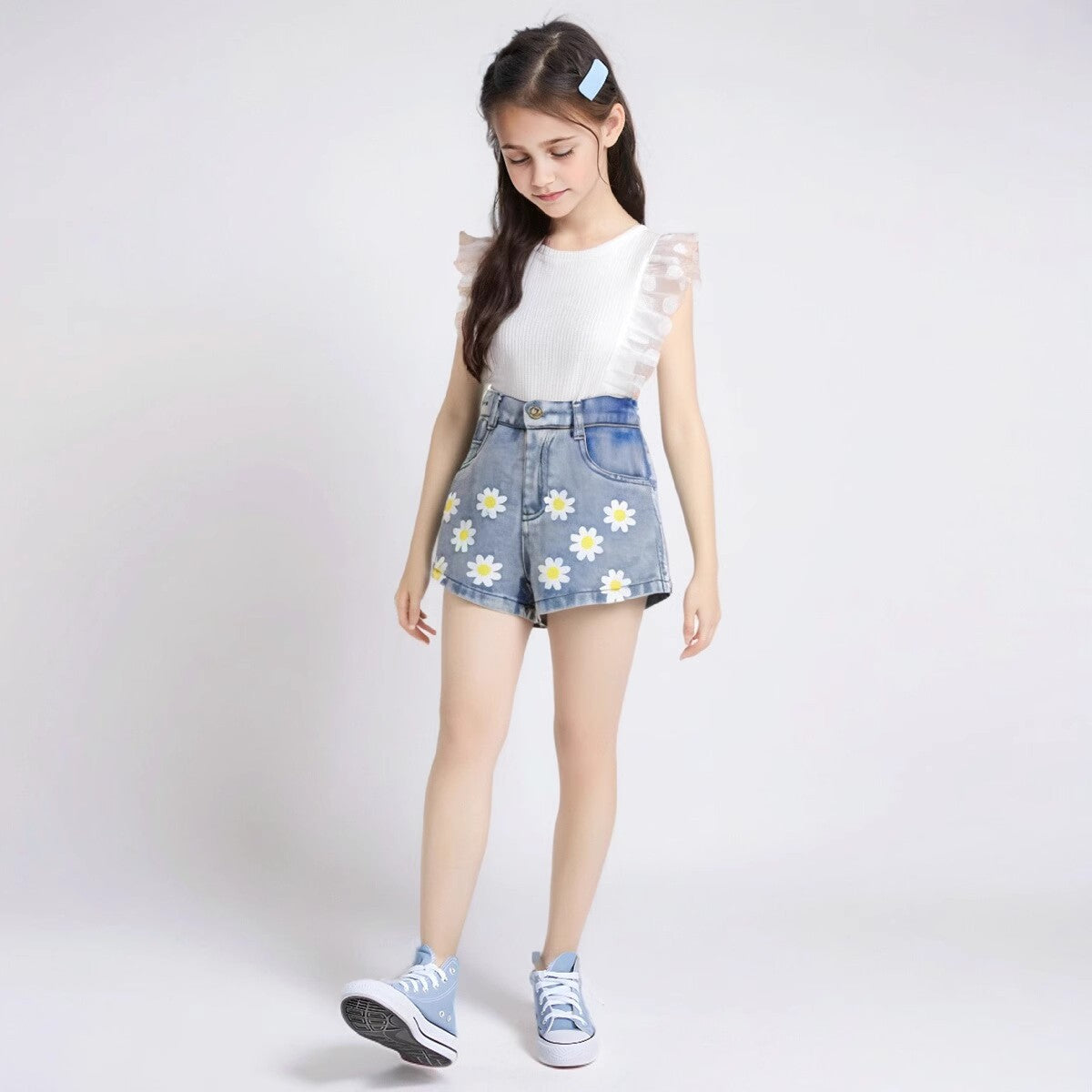Frilled top with printed shorts