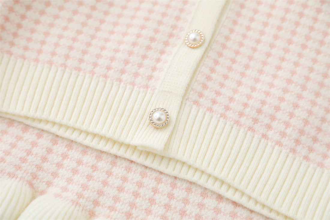 Baby Girl Knitted Dress Set – Blue & Cream Check Pattern with Bow | Winter Sweater Dress