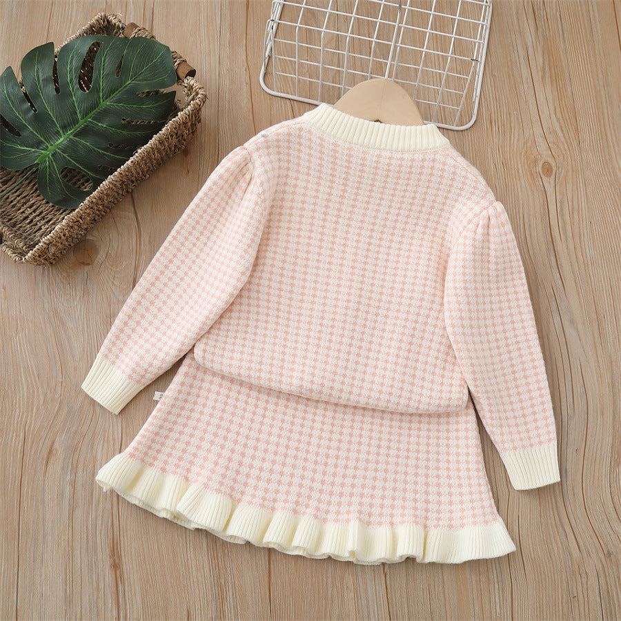 Baby Girl Knitted Dress Set – Blue & Cream Check Pattern with Bow | Winter Sweater Dress