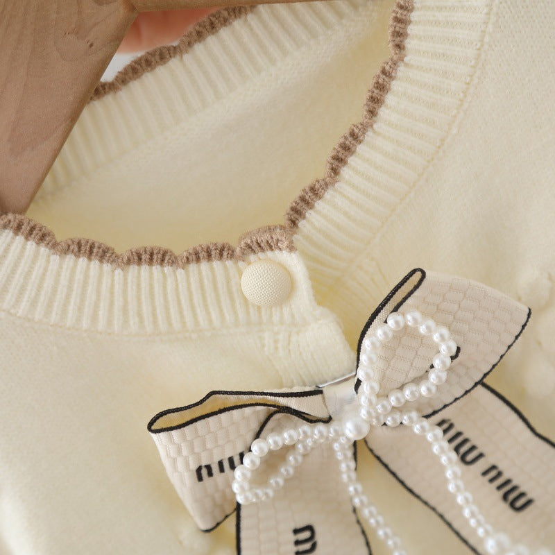Baby Girl Knitted Sweater & Pants Set – Cream & Brown with Bow | Cozy Winter Knitwear
