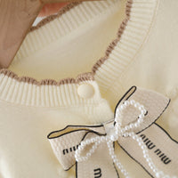 Baby Girl Knitted Sweater & Pants Set – Cream & Brown with Bow | Cozy Winter Knitwear
