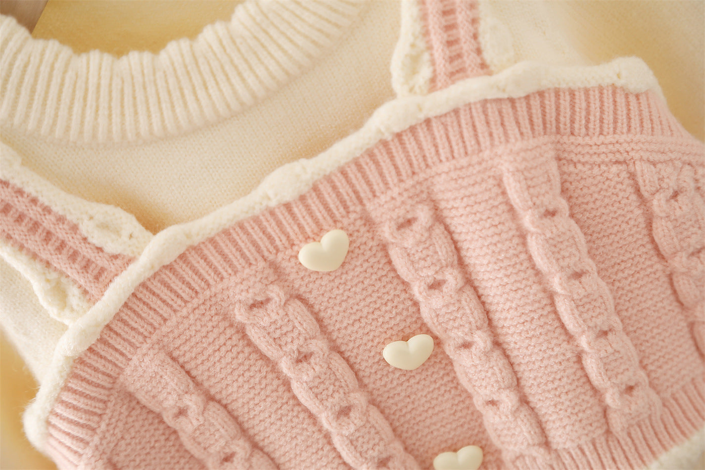 Cute Baby 2-Piece Knitwear Set – Cream Pullover with Pink Suspender Vest & Pants