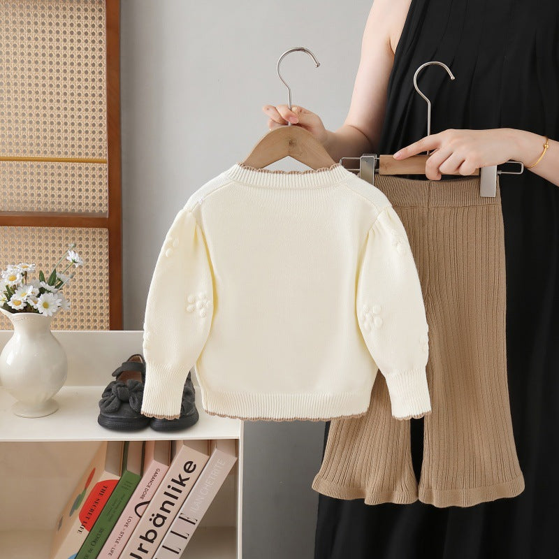 Baby Girl Knitted Sweater & Pants Set – Cream & Brown with Bow | Cozy Winter Knitwear
